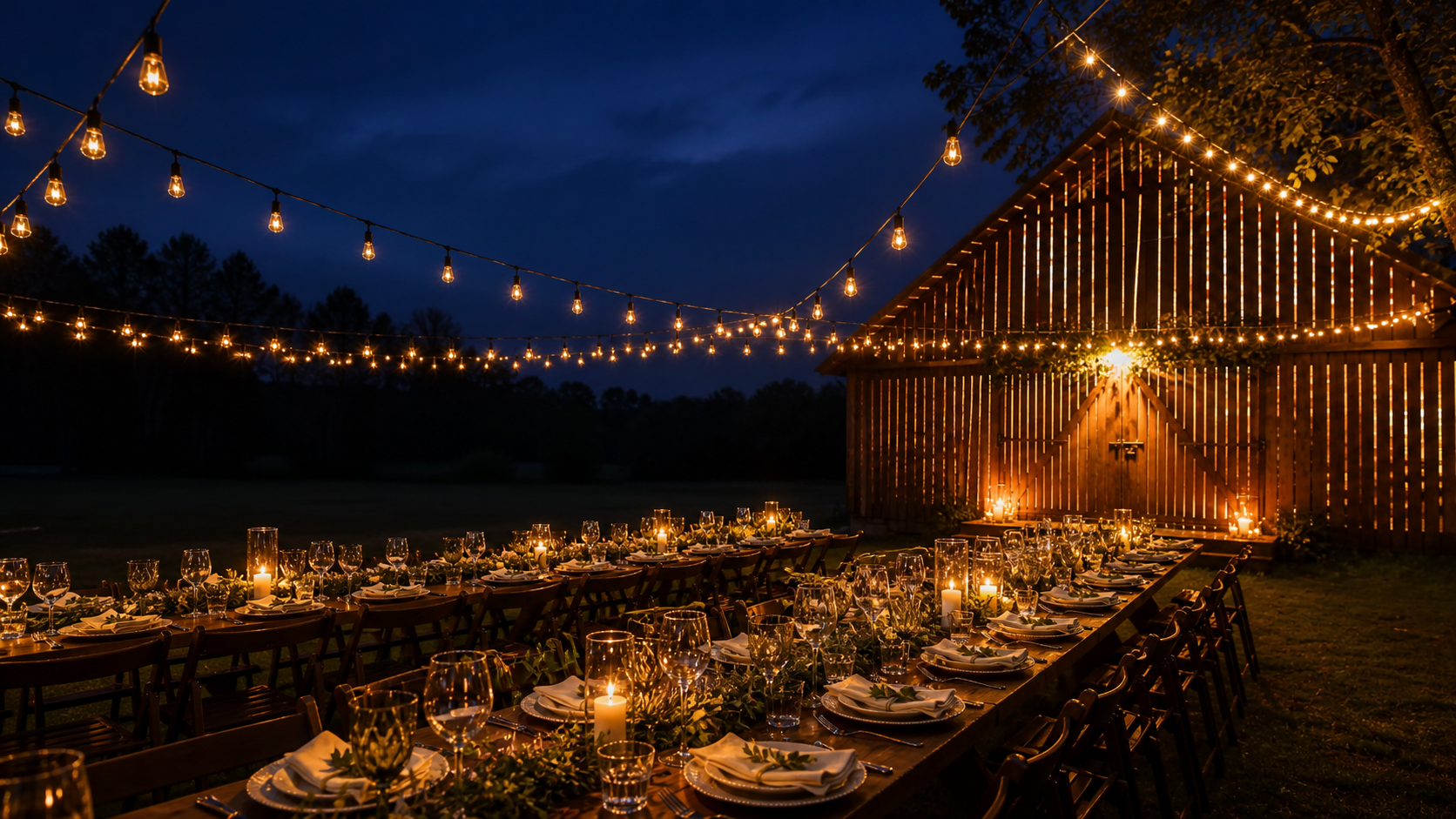 Outdoor evening event reception with barn and string lights
